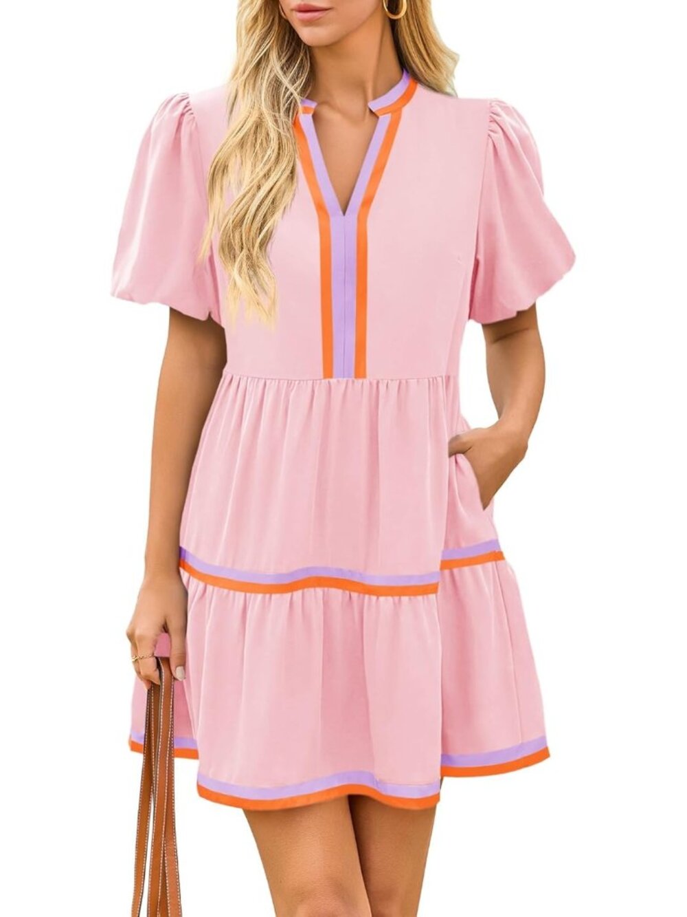 Women's Cute Pink Short Puff Sleeve V Neck Floral Casual Imported Mini Dress